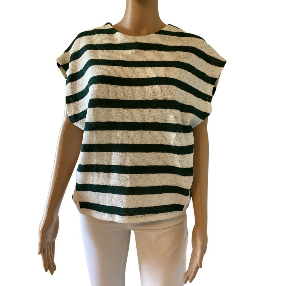 Zara Women's Green Striped Blouse with Button Detail on the Sides size M